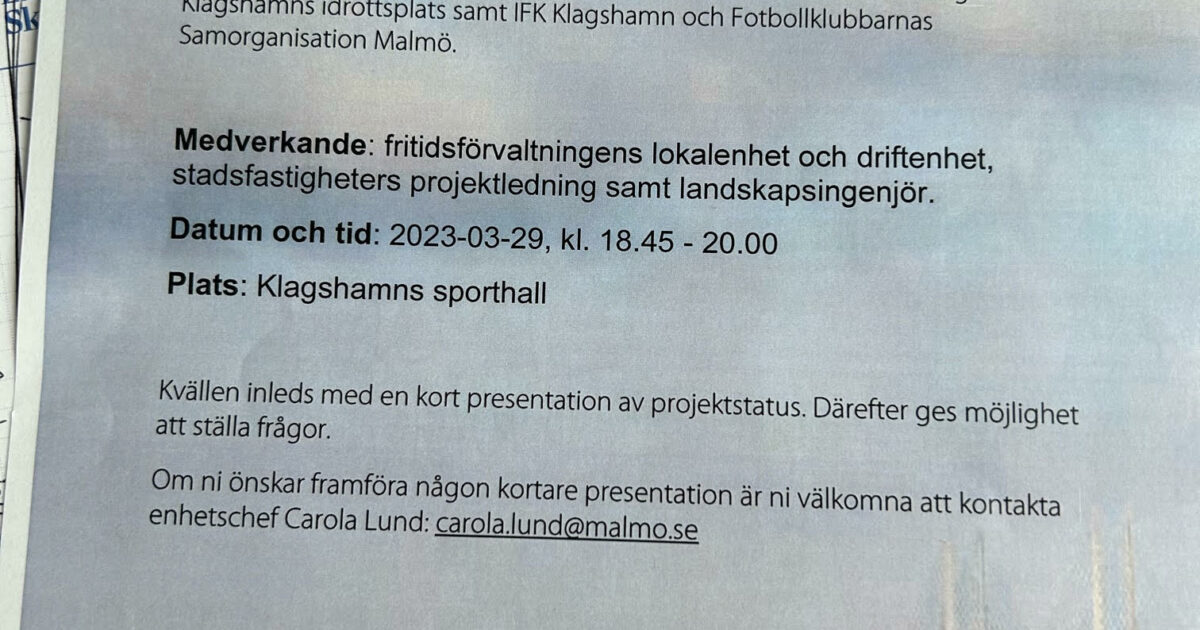 Inbjudan från Malmö Stad till allmänheten till möte angående planer om mikroplastfotbollsplaner i Klagshamn